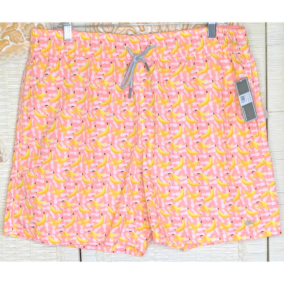Le Club Swimwear Mens 2XL Yellow Banana Printed Pink Swim Trunks NEW 5.5" Inseam - Picture 2 of 5